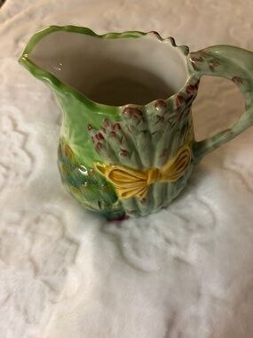 Vintage J Willfred majolica - rare ceramic vegetable creamer. 3” tall.